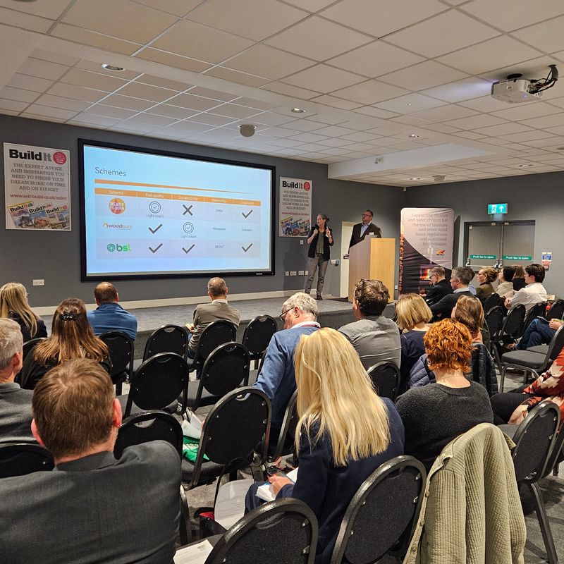Jason Harries, Head of Woodsure, on stage with Helen Bentley-Fox, Director of Woodsure, at the CSG Conference 2024