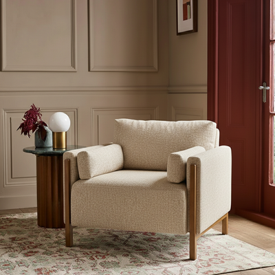Audrey Exposed Wood Frame Armchair in Ecru Textured Weave