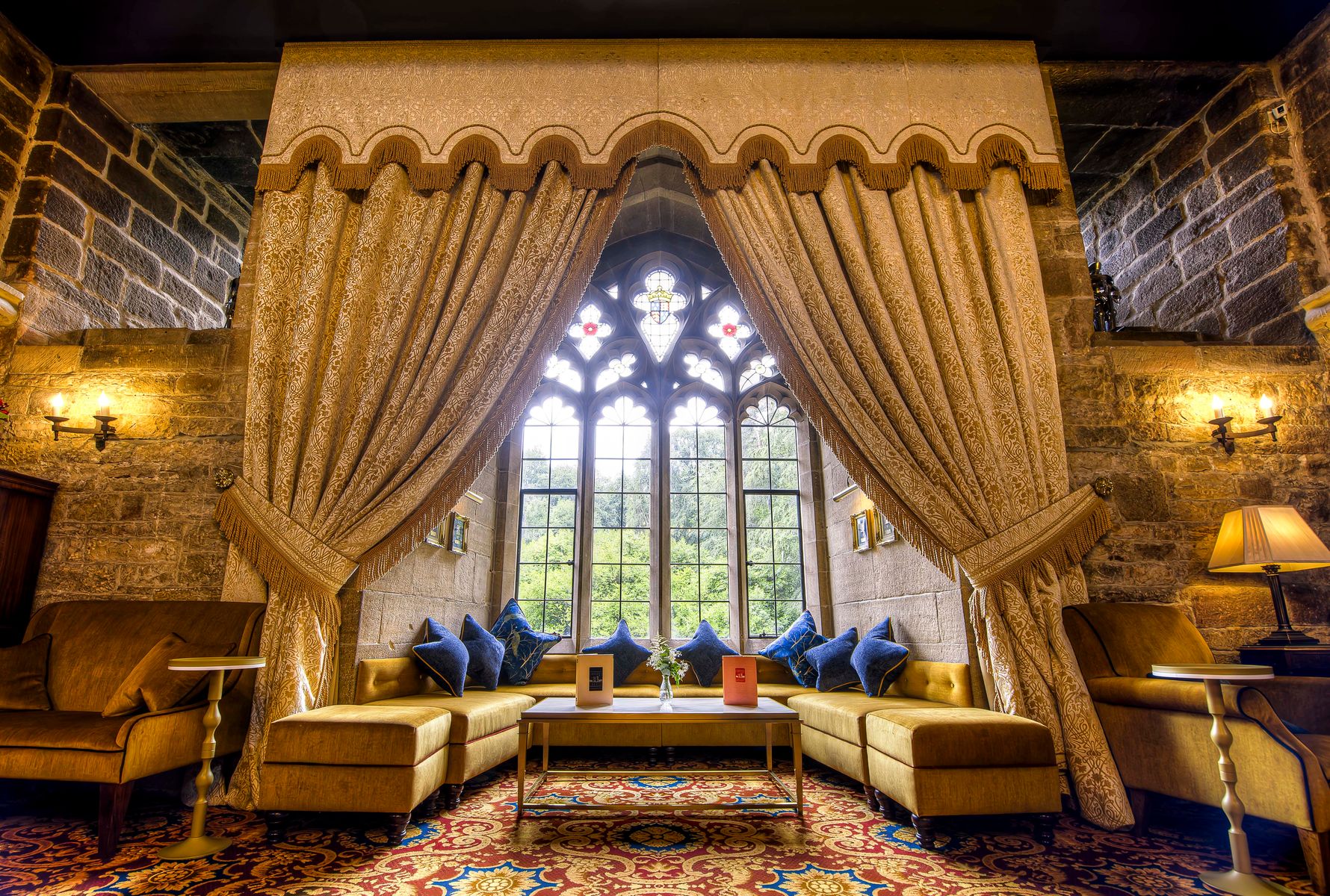 The dramatic window in the Drawing Room at Langley Castle hotel and restaurant, Northumberland UK (pic 2026)