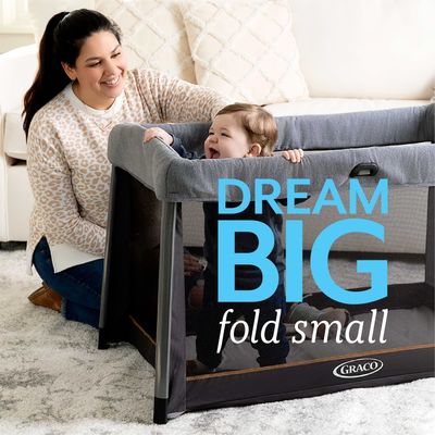 Graco FoldLite Travel Cot pictured 'Dream Big, Fold Small' 