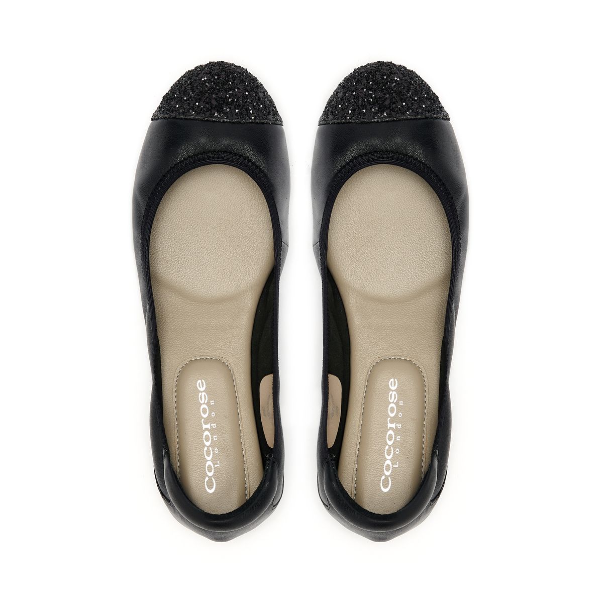 Harrow classic black leather shoe with black glitter toe from Cocorose London,