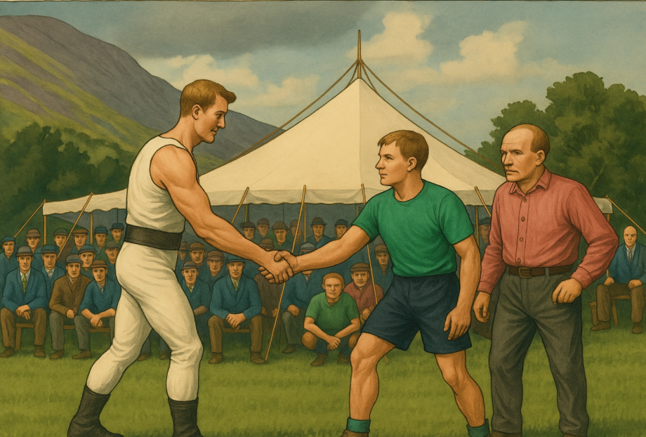 Vintage image depicting Cumberland and Westmorland wrestling at Grasmere Lakeland Sports and Show