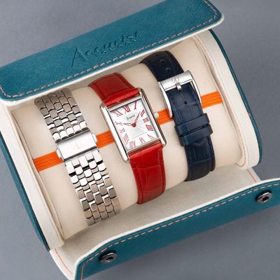 Accurist Coronation Rectangle Ladies Watch Gift Set 26mm | Silver Stainless Steel Bracelet | Navy Leather Strap