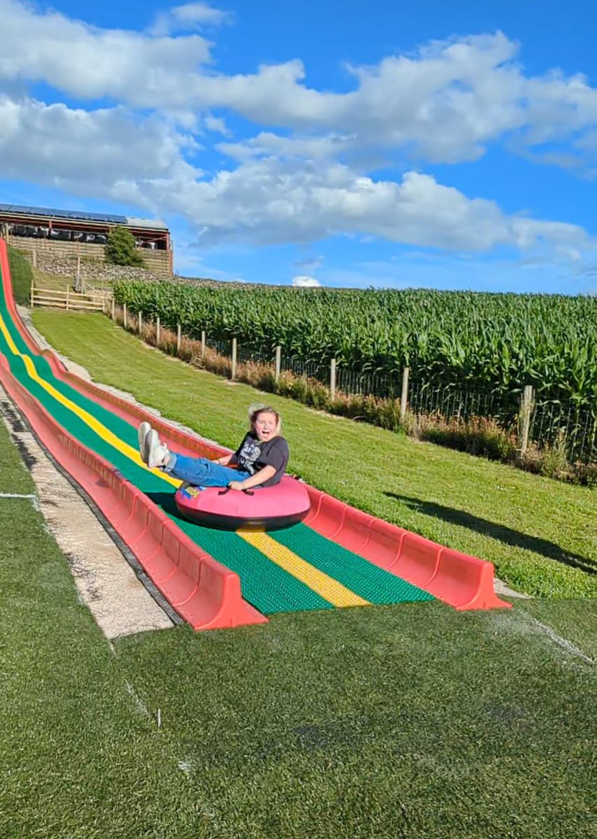 The 150-foot long Super Mega Ride n Slide at the Lakeland Maze Farm Park, Sedgwick near Kendal, the Lake District