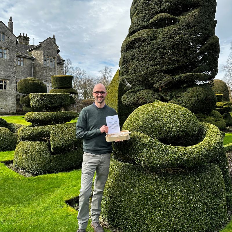 Levens Hall and Gardens owner, Richard Bagot, with the Topiary Message in a Bottle
