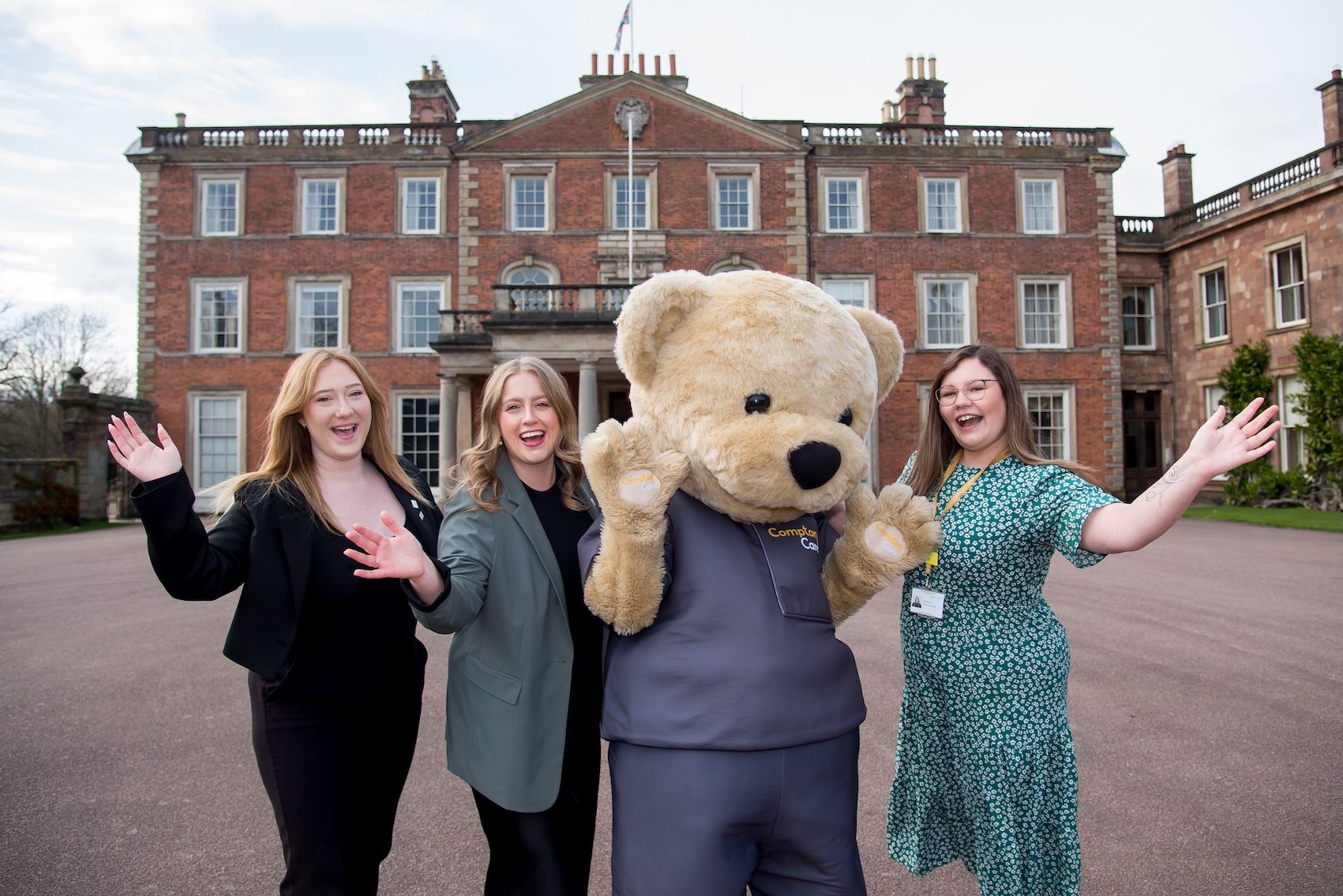 Katy Jones and Victoria Hodgkins (Weston Park) Custard the Bear and Rachel Hailey (Compton Care).jpg