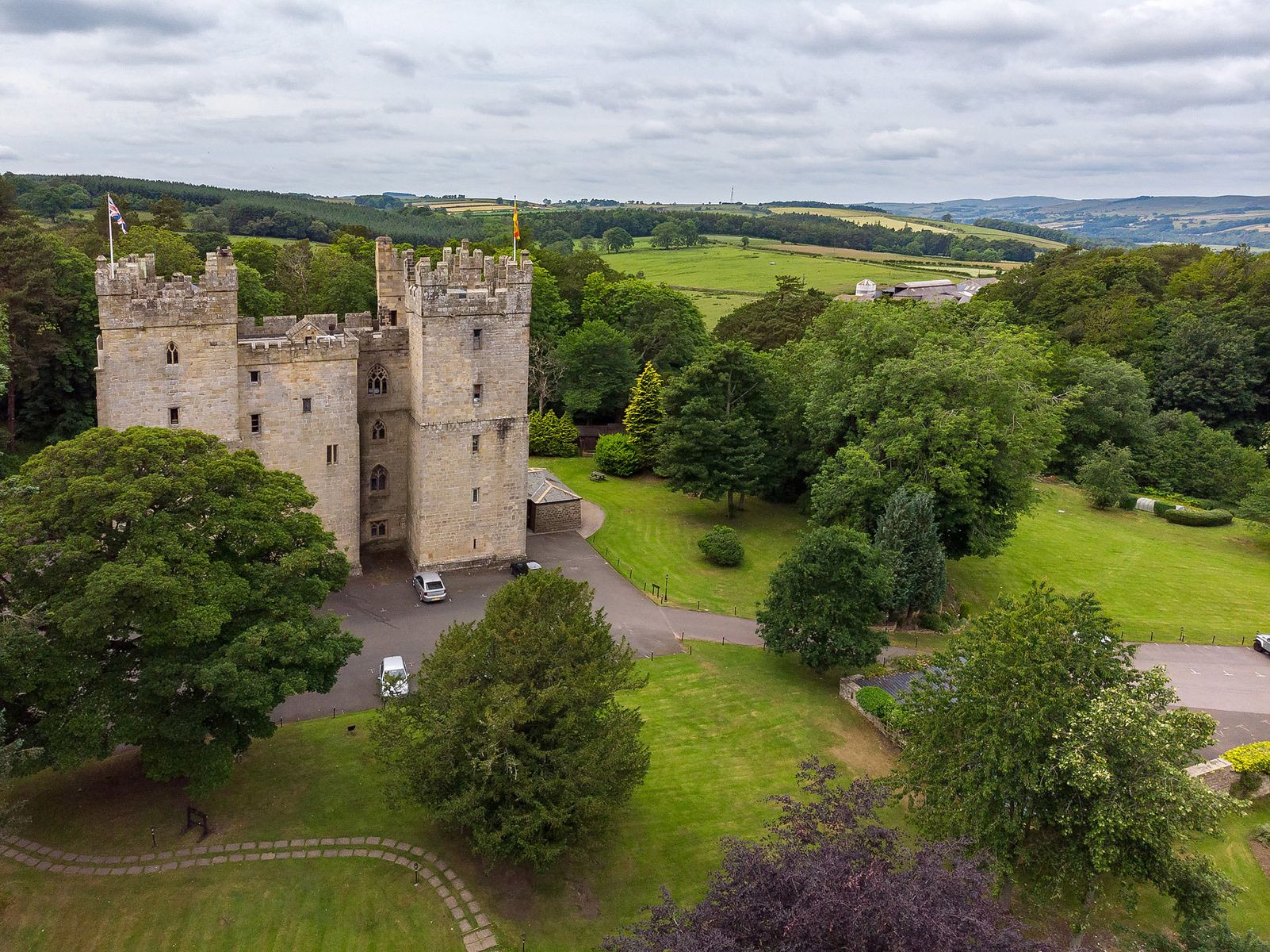 Aerial view of Langley Castle, Northumberland