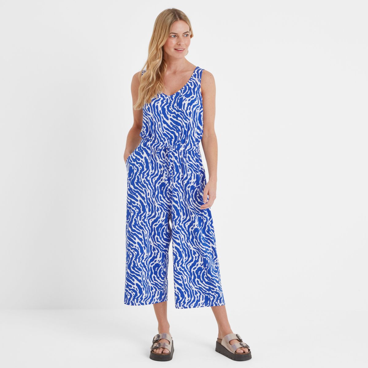 Emmie Women's Jumpsuit - Ultramarine Blue Wavy Print