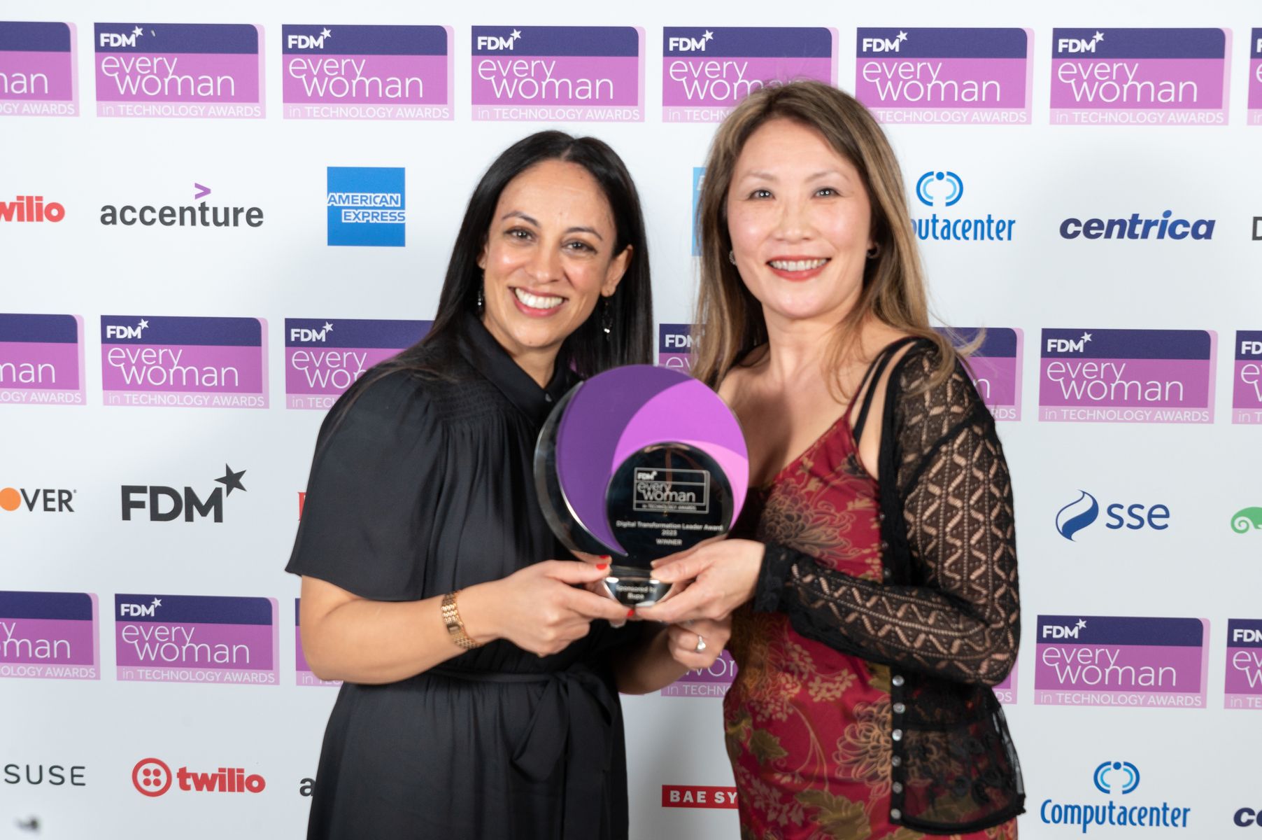 Nimisha Patel from Bupa and Li Qun Taylor - Winner of the 'Digital Transformation Leader Award' (sponsored by Bupa) at the 2023 FDM everywoman in Technology Awards