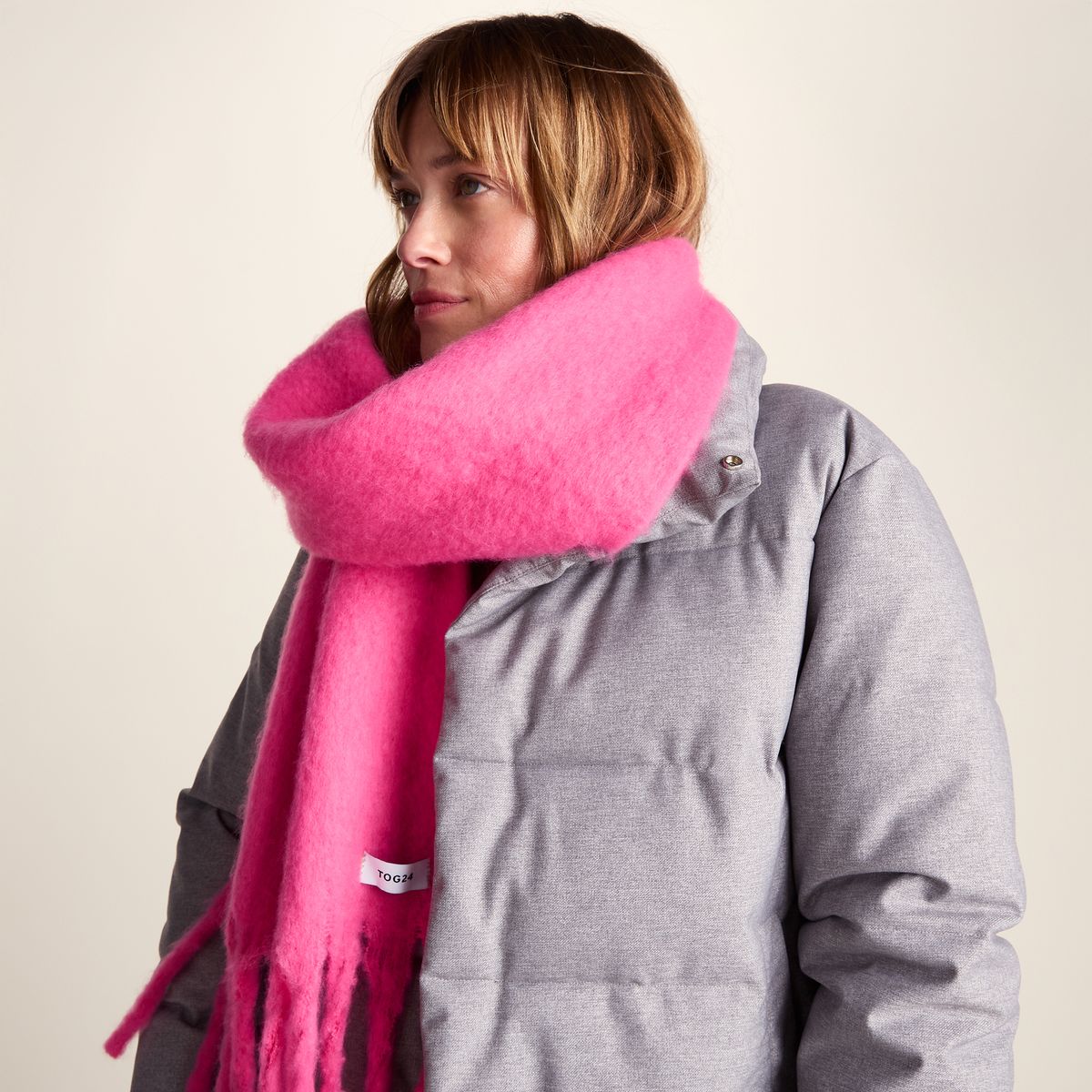 Marlene Heavyweight Brushed Colour Block Blanket Scarf - Rich Pink