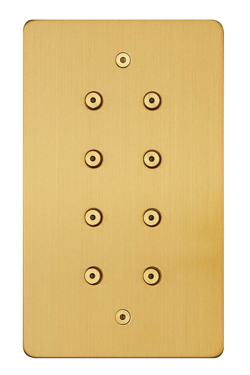 8 gang vertical, 8 buttons with LEDs, satin brass finish