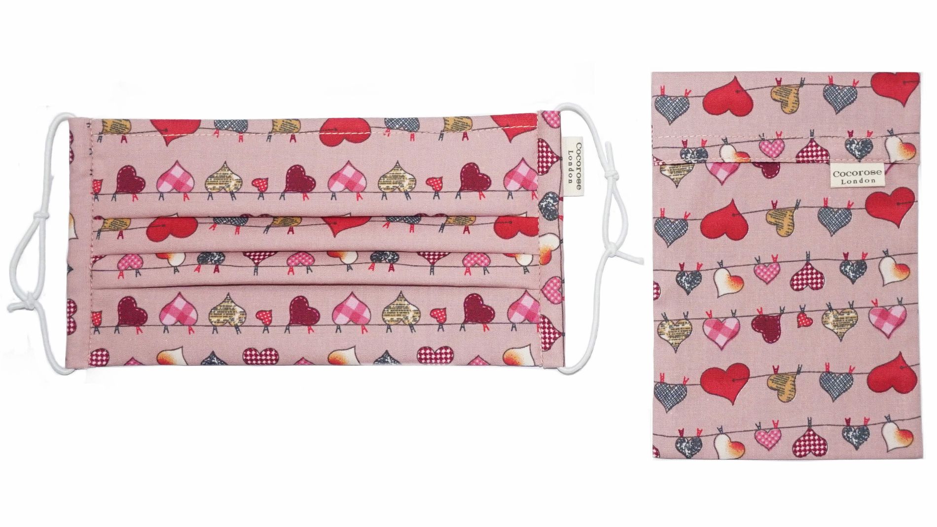 Heart Bunting Pink cotton pleated face mask from Cocorose London