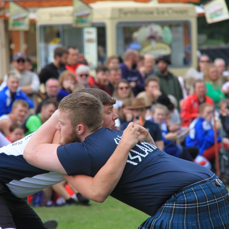 One of the Icelandic wrestlers gets into backhold with another wrestler at the 2023 Grasmere Lakeland Sports and Show