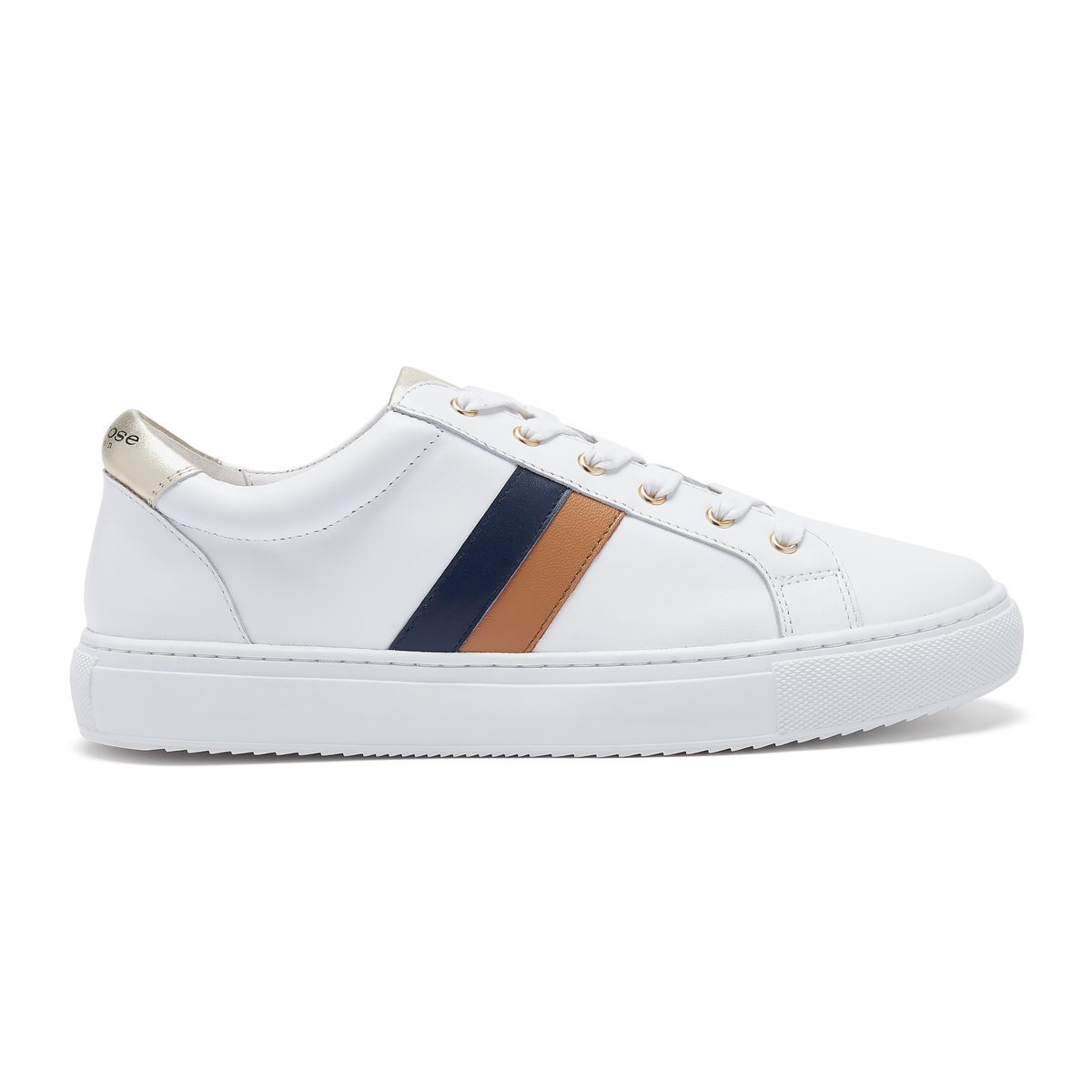 Hoxton Stripes Navy and Tan Leather Trainers from Cocorose London