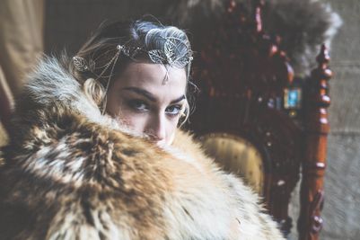Woman in faux fur at Langley Castle Hotel, Northumberland