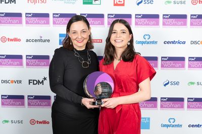Carla Hall, Head of UK Delivery at Fujitsu and  Becky Ferraro, Inclusive Design Lead at Deloitte Digital - winner of the 'Team Leader Award' (sponsored by Fujitsu) at the 2023 FDM everywoman in Technology Awards