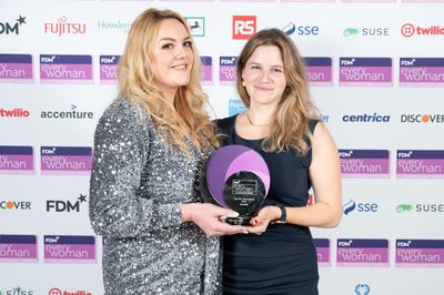 Adele Baker, New Ventures Development Director at RS Group and Christiane Demgenski, Chief Product Officer at Awina from Zurich - winner of the 'Tech For Good Award' (sponsored by RS Group) at the 2023 FDM everywoman in Technology Awards