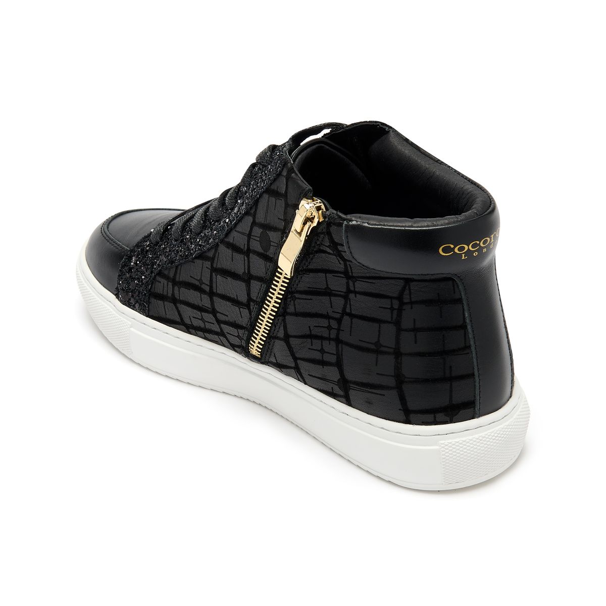 Finsbury Black and Glitter Leather High Top Trainers from Cocorose London