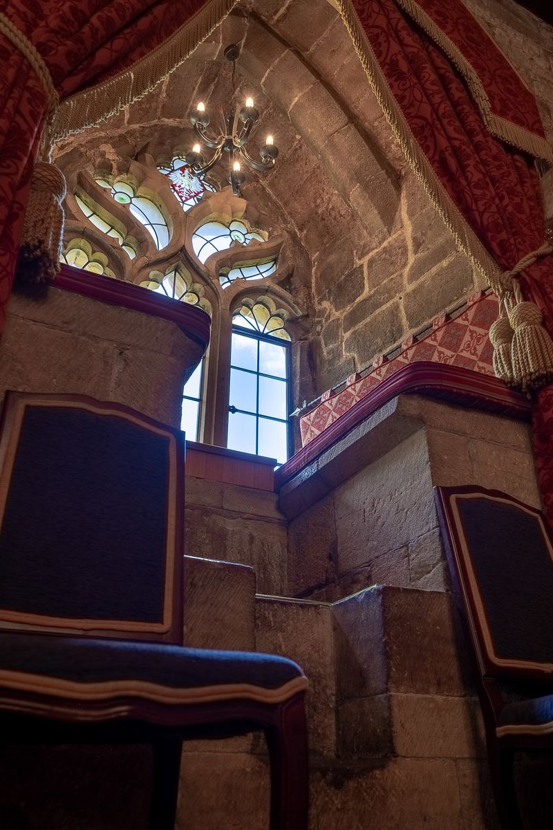 Window seat in Drawing Room at Langley Castle Hotel, Northumberland, UK