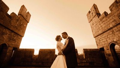 A couple on the battlements of Langley Castle