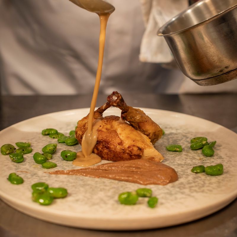 Poussin with Broad Beans and a Creamy Cepe Mushroom Sauce