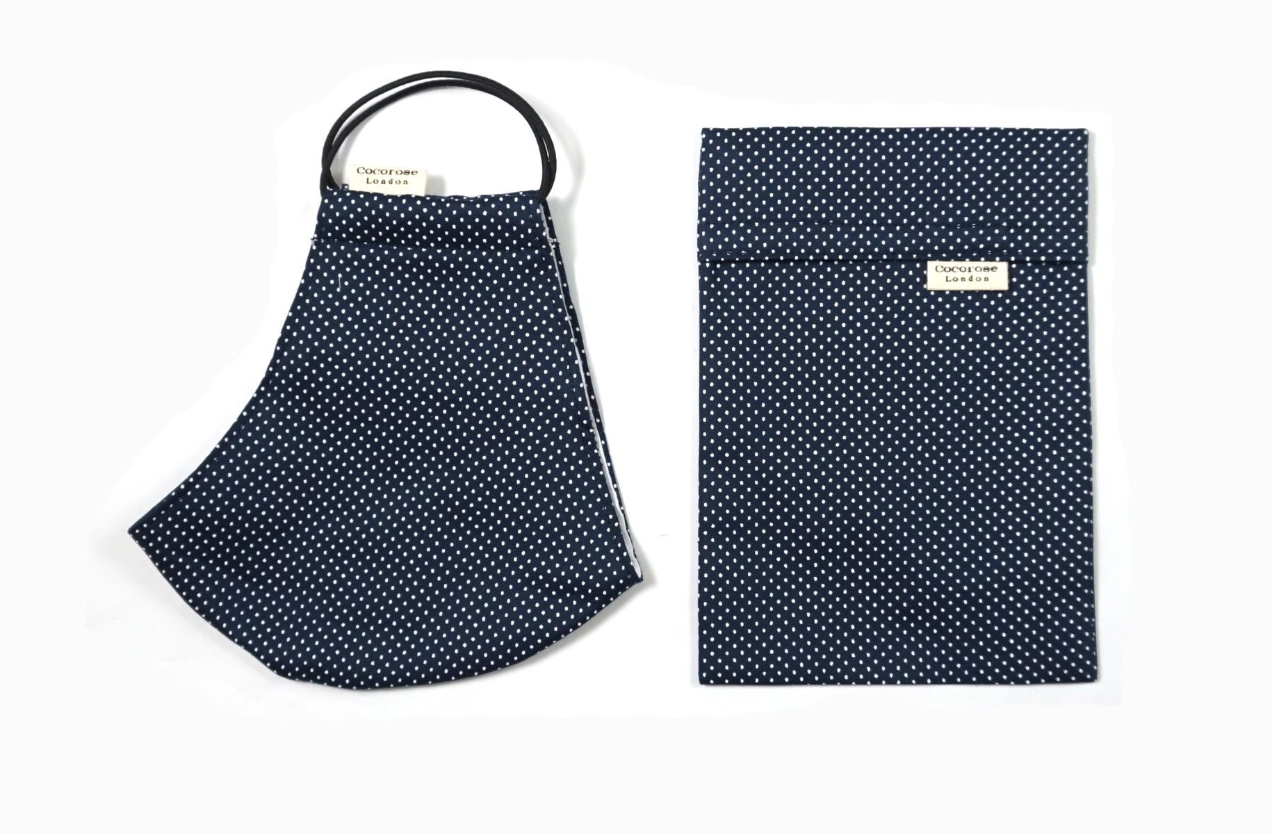 Navy blue polka dot cotton fitted face mask from Cocorose London