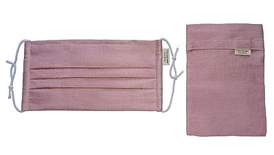 Blush pleated silk mask and matching silk pouch from Cocorose London. 