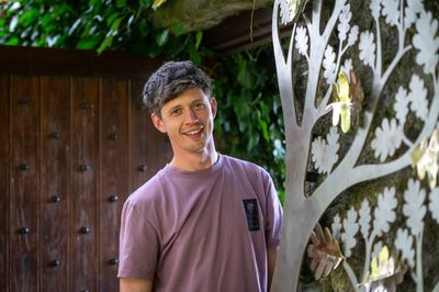 Tom Vickers, the designer and creator of the new head gardeners' commemorative tree sculpture at Levens Hall and Gardens, Lake District, UK.