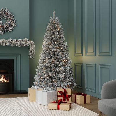 Luxury 7ft Pre-Lit Faux Hinged Snowy Christmas Tree