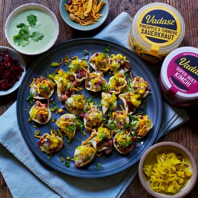 Vadasz Tostaditas with guacamole, Red Onions, Sauerkraut & Jalapeño Relish