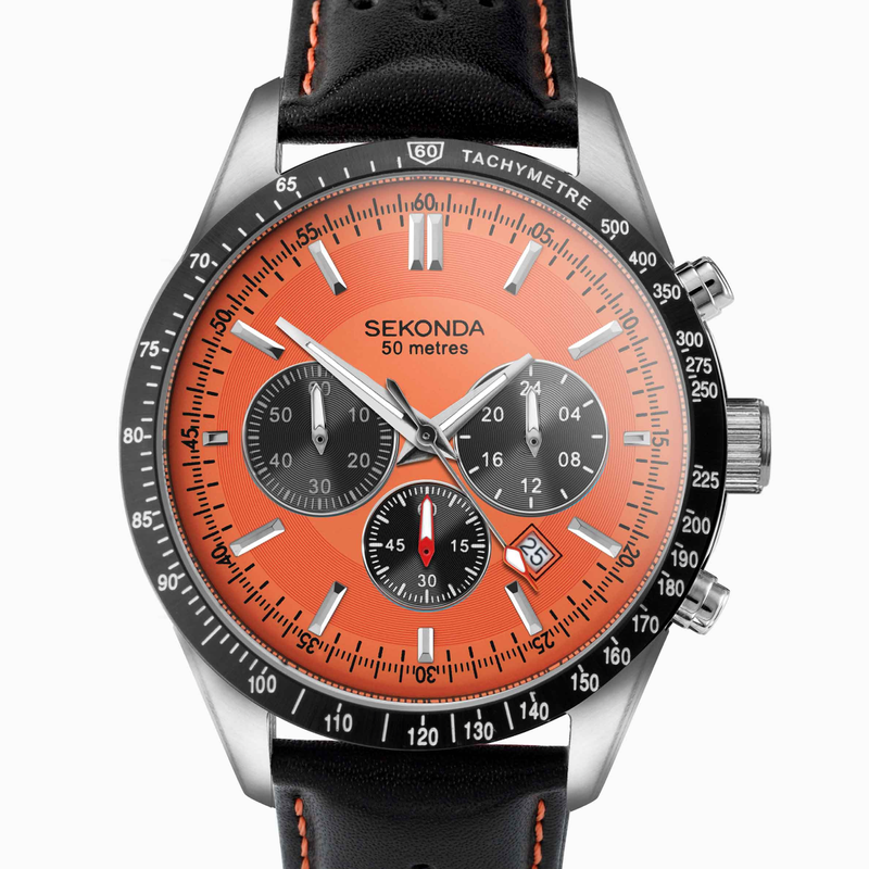 Sekonda Velocity Chronograph Men's Watch | Stainless Steel Case & Black Leather Strap with Orange Dial | 30020