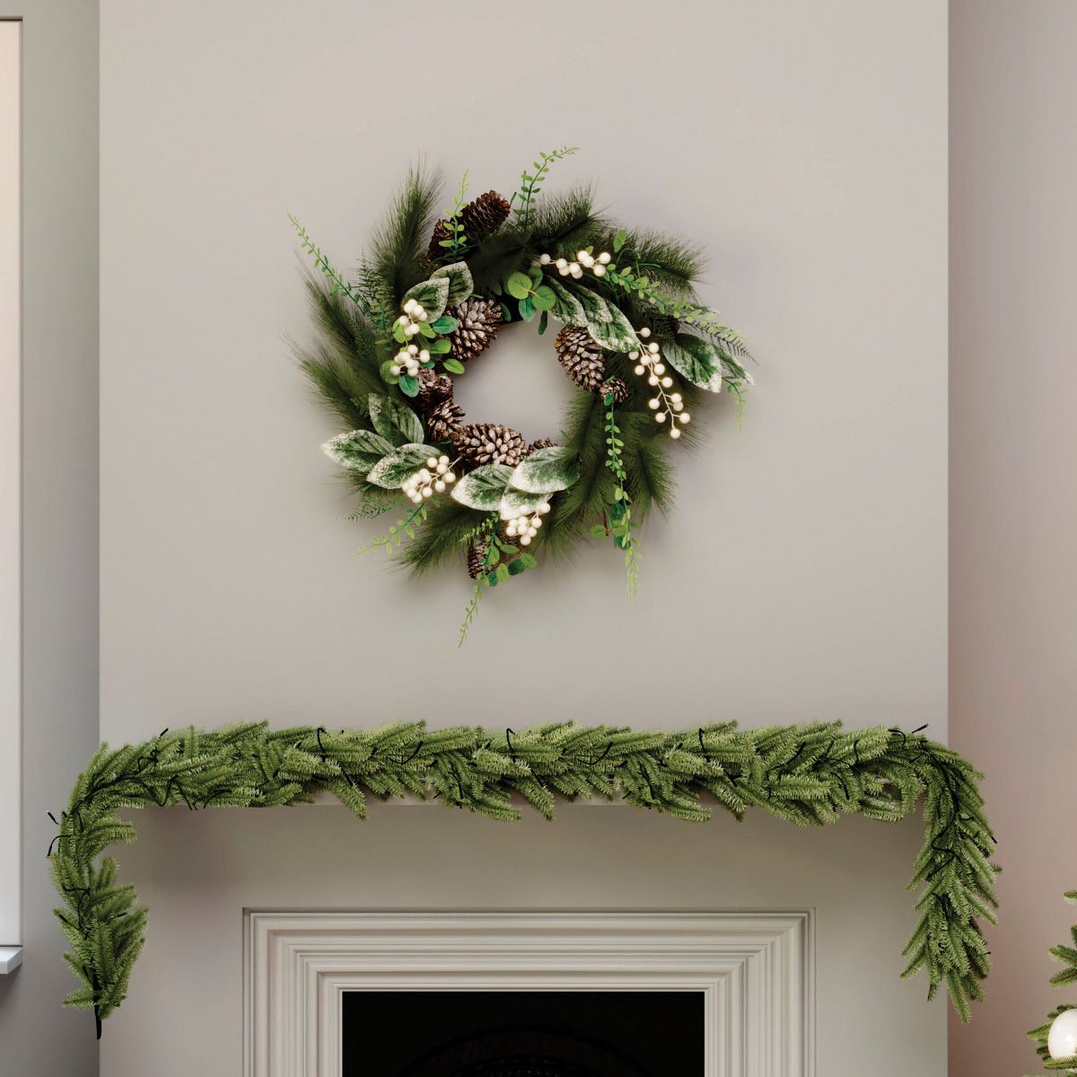 Indoor Outdoor 55cm Pre-Lit White Berry & Pinecone Eucalyptus Wreath