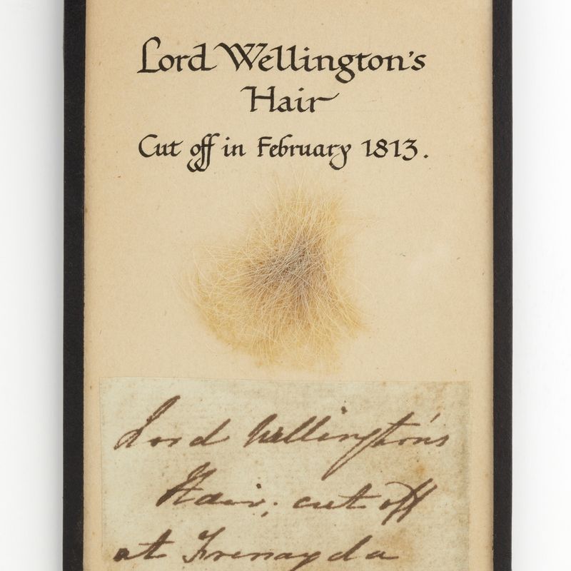 A lock of the Duke of Wellington's hair, within a display at Levens Hall.