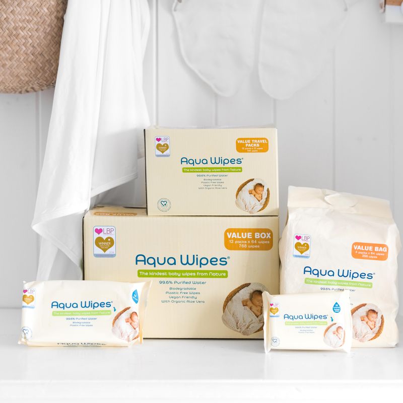 Aqua Wipes are available in single and multi-packs.