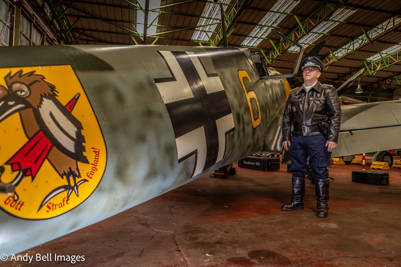 Volunteer by German plane at the Spitfire Visitor Centre: Hangar 42, Blackpool