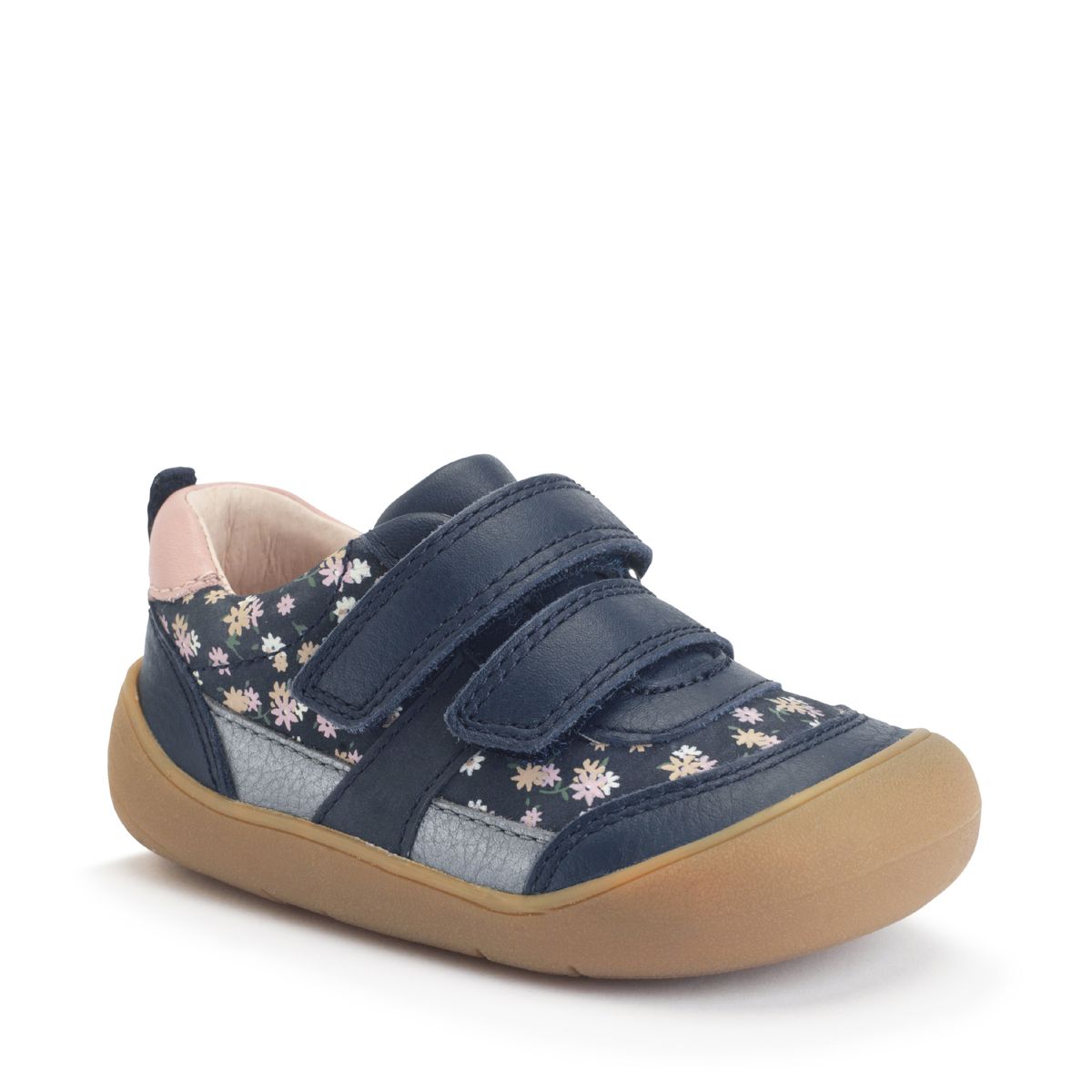 Duel - Navy floral nubuck/leather casual rip-tape first walking trainers