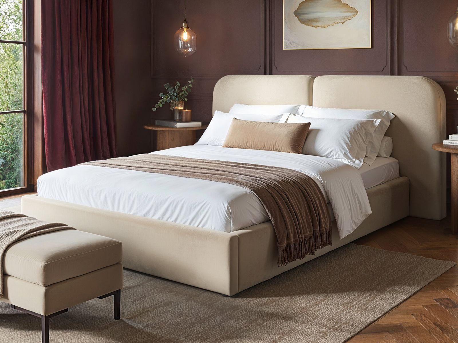 Solace+Co Lena Ottoman Bed Beige Velvet