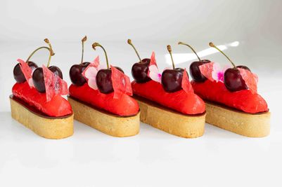 Cherry on Top of the Cake, elegant poppy seeds and almond cream tartlet,  on top a light cherry cream.