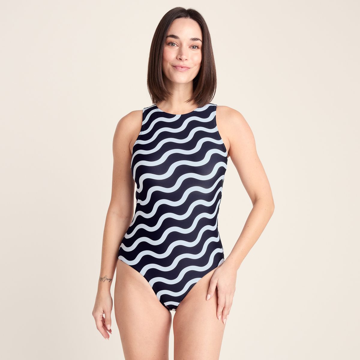 Elaini Womens One Piece Swimsuit - Oxford Blue Wave Print