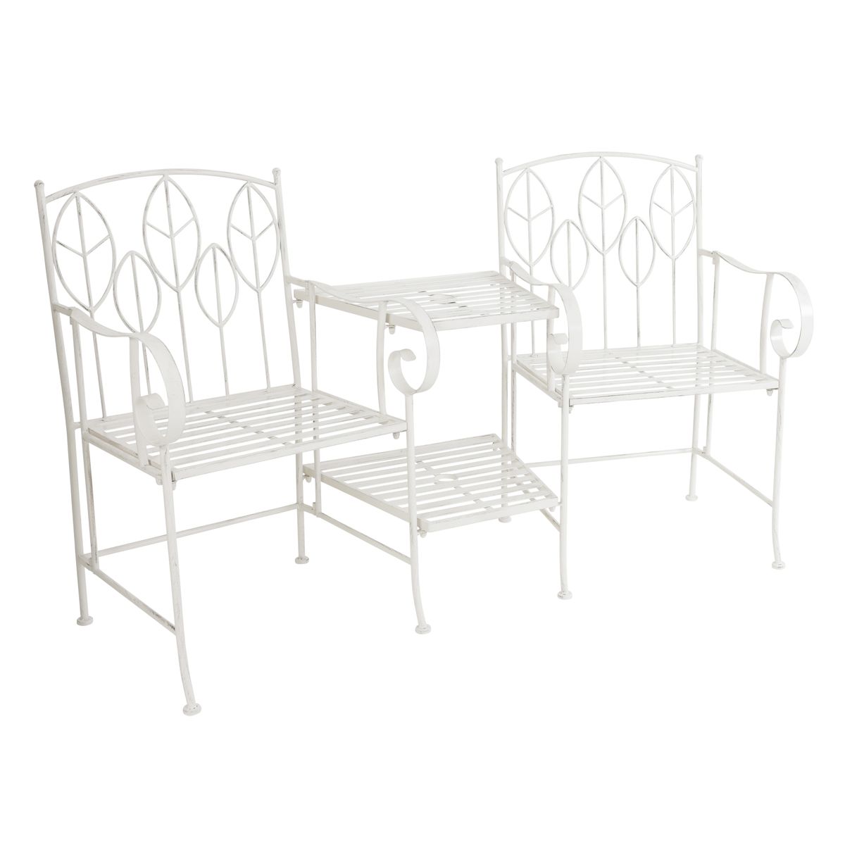 Antique White Leaf Design Rustic Metal Garden Companion Seat
