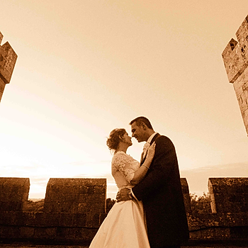 A couple on the battlements of Langley Castle