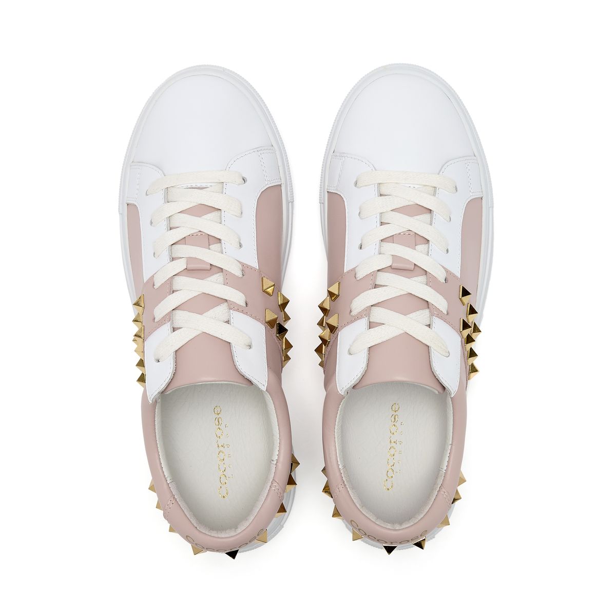 Hoxton - White and Pastel Pink Leather Trainers with Gold Studs  