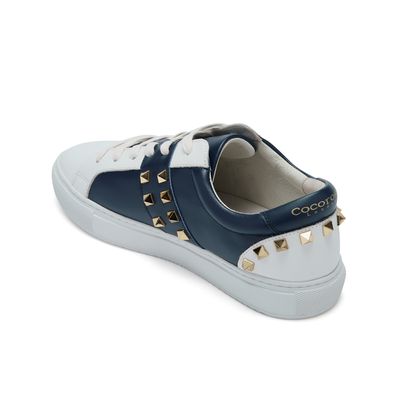 Hoxton White and Navy Trainers with Gold Studs