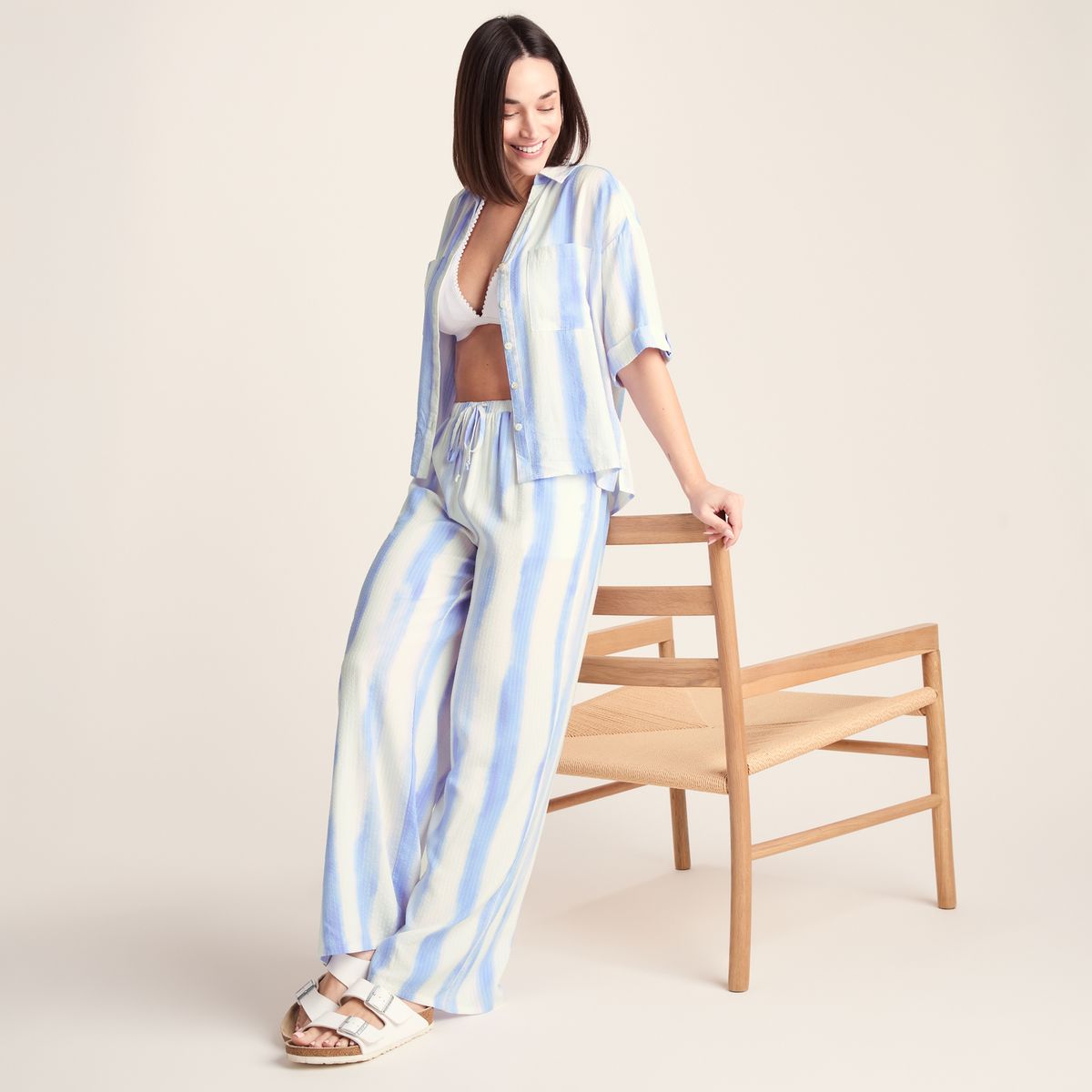 Christina Womens Wide Leg Lightweight Trousers - Blue Hues Print