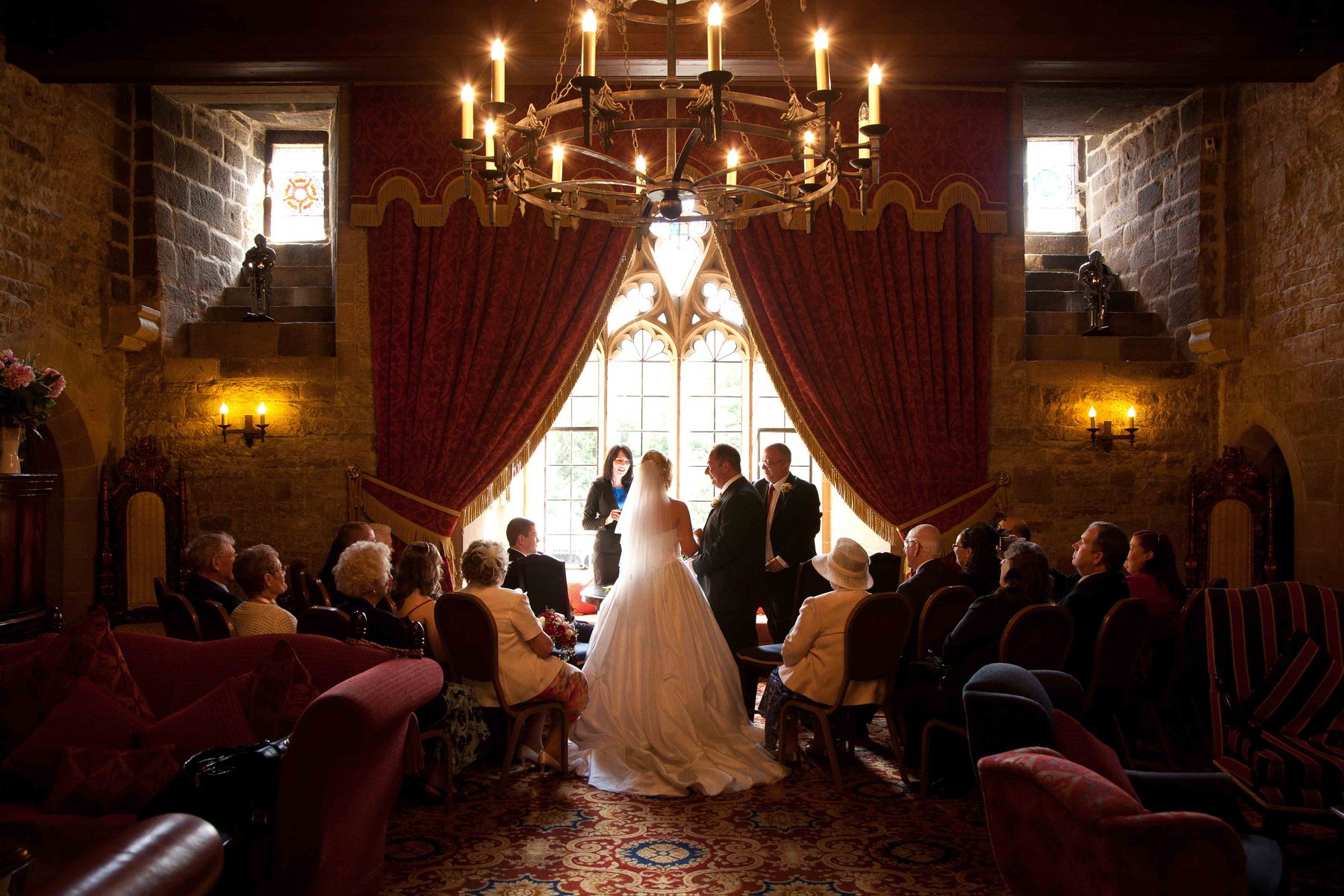 Intimate wedding in the drawing room of Langley Castle Hotel, Northumberland