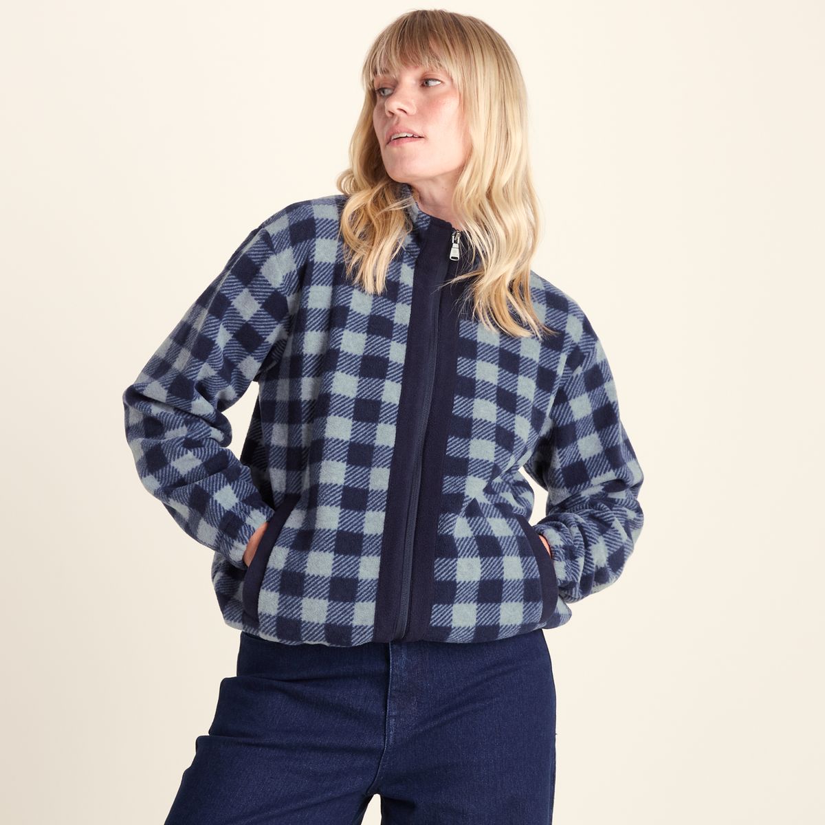 Firan Womens Fleece Jacket - Grey Melange/Navy Gingham