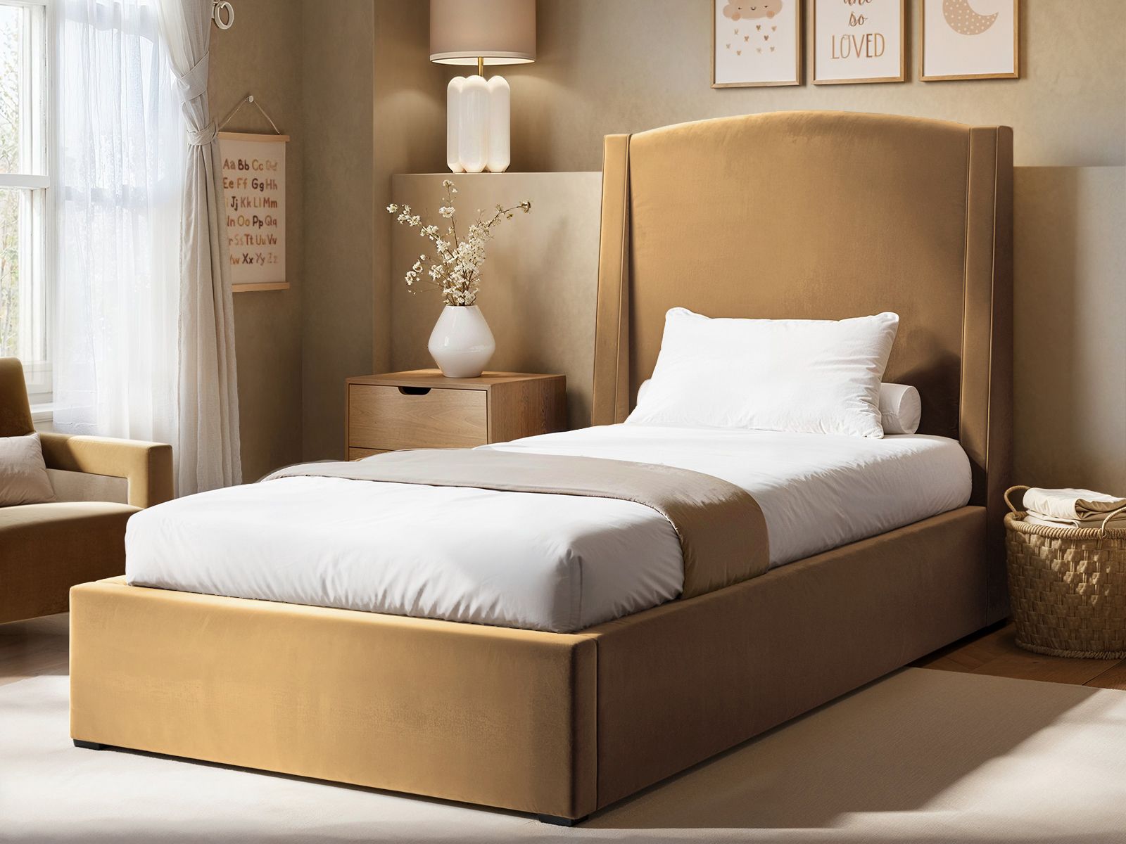 Solace+Co Blaine Single Winged Headboard Ottoman Bed Sand Velvet