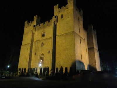 Langley Castle, in Langley-on-Tyne, Northumberland, by night.