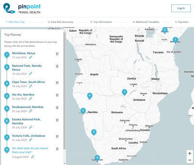 Sample itinerary builder in the Pinpoint Travel Health system
