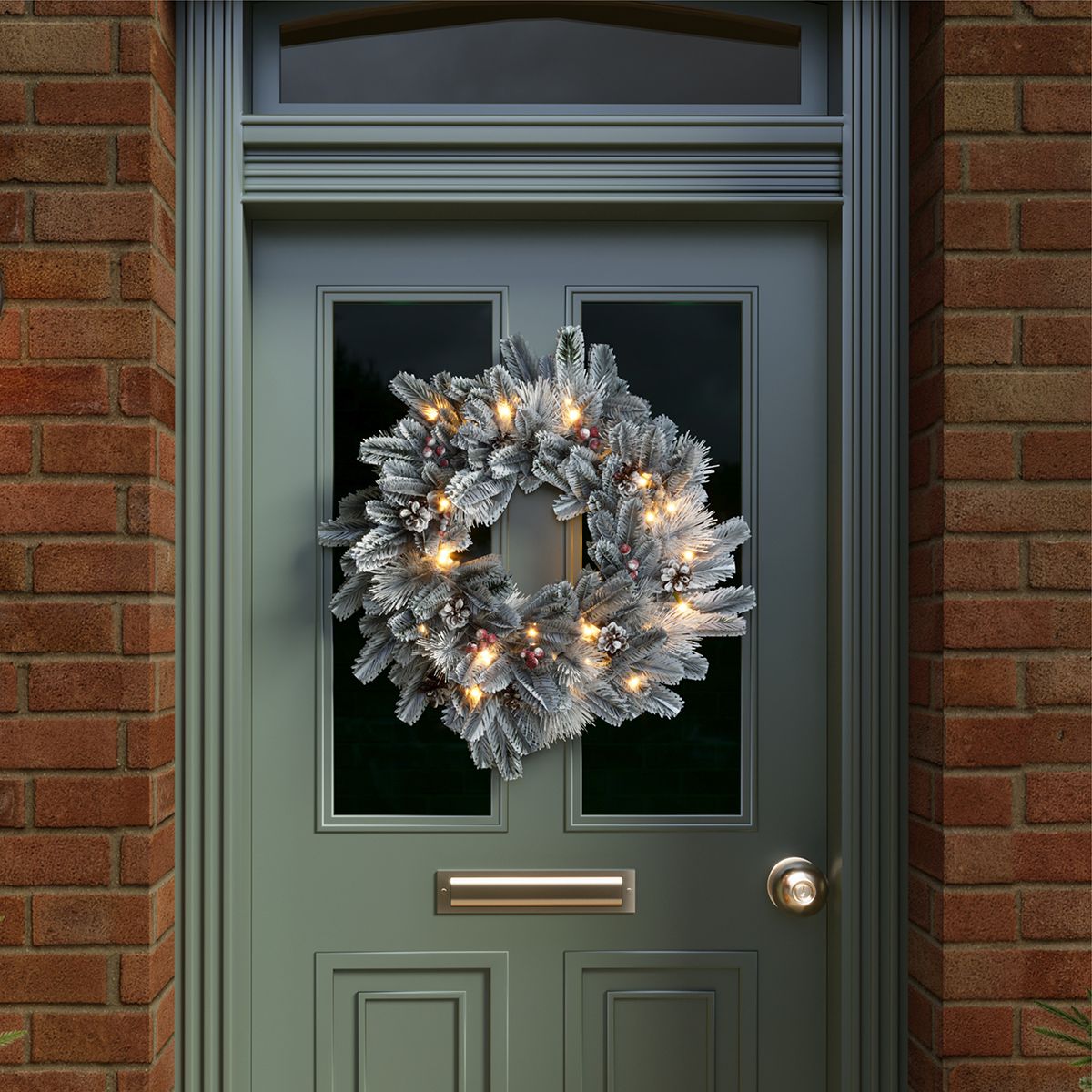 Indoor Outdoor 60cm Pre-Lit Red Berry & Pinecone Snowy Wreath